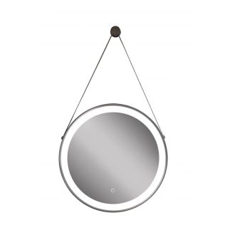   MINOTTI Modern kerek LED-es tükör bőr függesztő szíjjal – 60 cm
