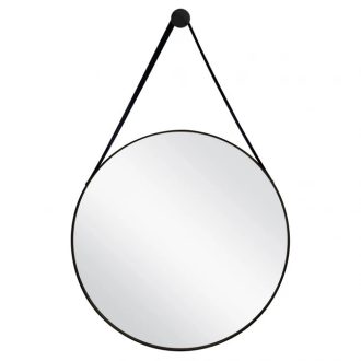   MINOTTI Modern kerek tükör bőr függesztő szíjjal és fekete kerettel – 70 cm
