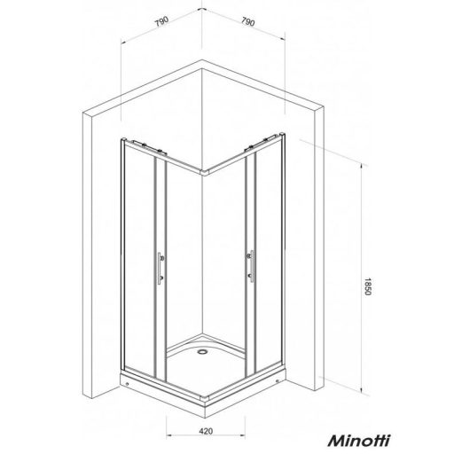 Minotti JA-5180 szögletes zuhanykabin – Króm profil, Matt üveg, 80x80x185 cm