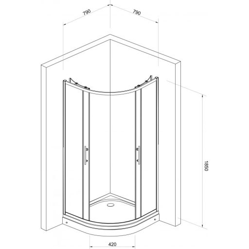 Minotti JA-5282 íves zuhanykabin – Átlátszó biztonsági üveg, Króm profil, 80x80x185 cm
