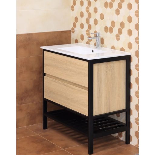 Minotti 81 cm Állványos Alsószekrény – Natúr Tölgy és Matt Fekete – Nedvességálló