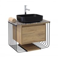   Minotti 80 cm Álló Mosdószekrény Márványmintás Pulttal – Natúr Tölgy és Matt Fekete – Nedvességálló