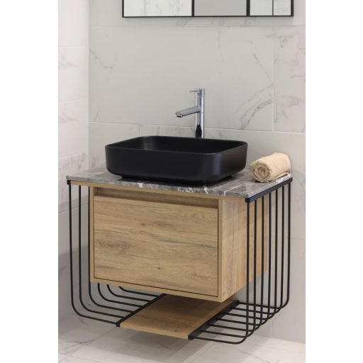 Minotti 80 cm Álló Mosdószekrény Márványmintás Pulttal – Natúr Tölgy és Matt Fekete – Nedvességálló