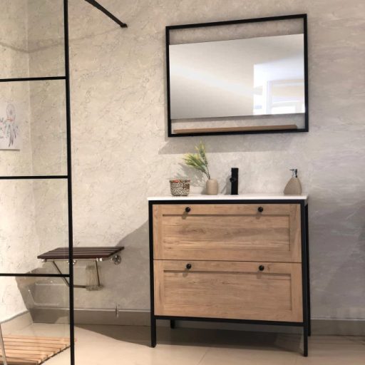 Minotti 90 cm Álló Mosdószekrény Szett Tükörrel – Natúr Tölgy és Matt Fekete – Nedvességálló