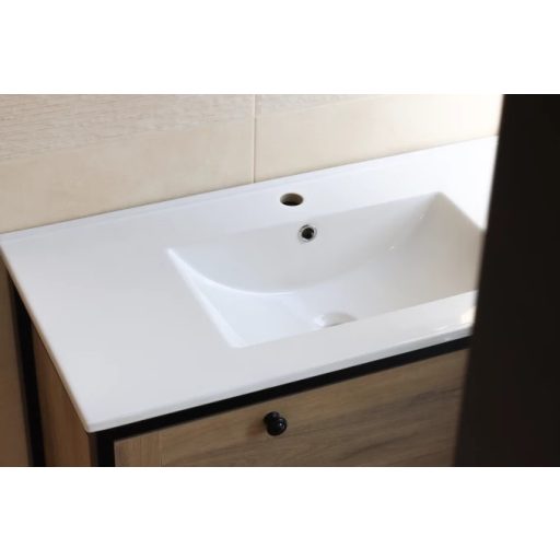 Minotti 90 cm Álló Mosdószekrény Szett Tükörrel – Natúr Tölgy és Matt Fekete – Nedvességálló