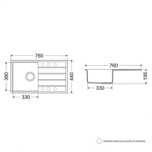 MILO METRO 760 x 440 x 195 mm gránit mosogató – Gyémántszürke (Diamond Grey)