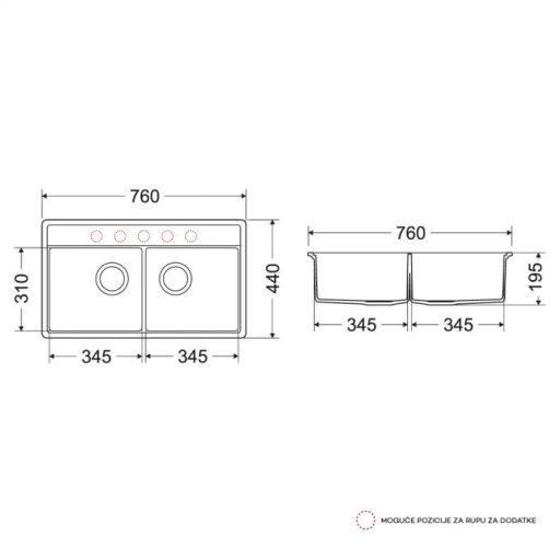 MILO METRO kétmedencés gránit mosogató fekete szifonnal, 760x440 mm, (fekete)