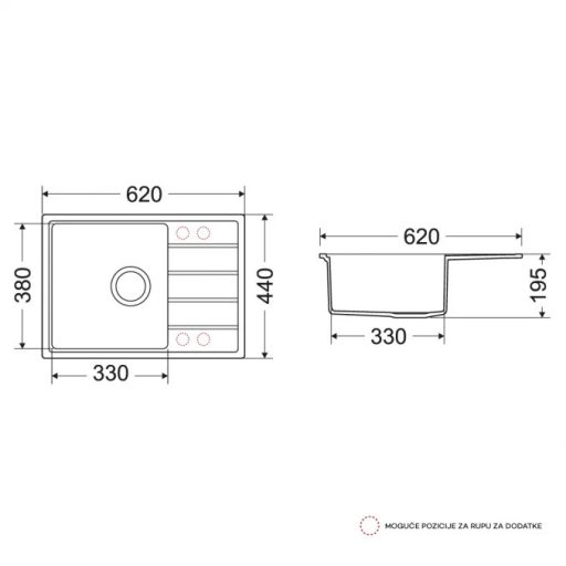 MILO METRO 620 x 440 x 195 mm gránit mosogató – Homokbézs (Pure sand)
