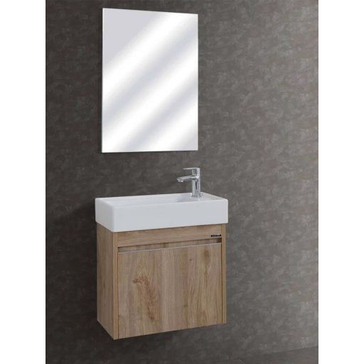 LineART Moon 50 cm Függesztett Mosdószekrény Kerámia Mosdóval – Natúr Tölgy – Nedvességálló