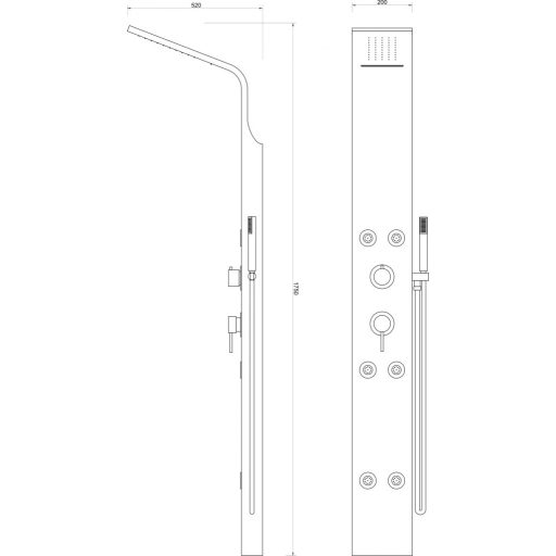 MINOTTI MST-300 Masszázs Zuhanypanel Vízeséssel, 1750x200x520 mm, Inox