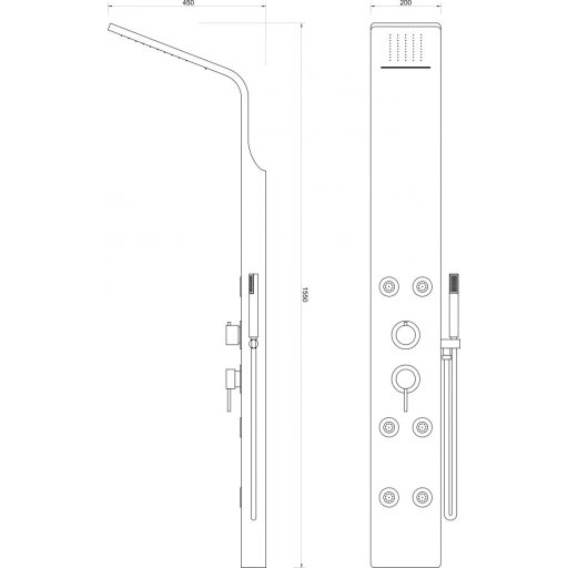 MINOTTI MST-400 Masszázs Zuhanypanel Vízeséssel, 1550x200x450 mm, Fényes Inox
