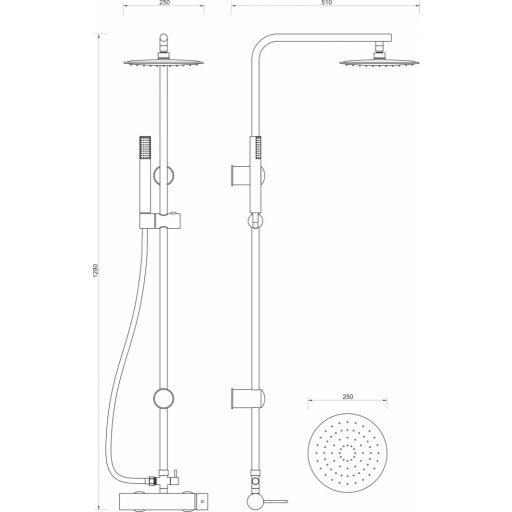 MINOTTI TUBO fekete zuhanycsaptelep felszálló zuhannyal és 250x250 mm-es esőztető fejzuhannyal