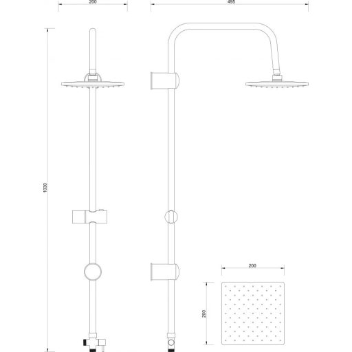 MINOTTI zuhanyoszlop szögletes esőztető fejjel 1030 mm, króm