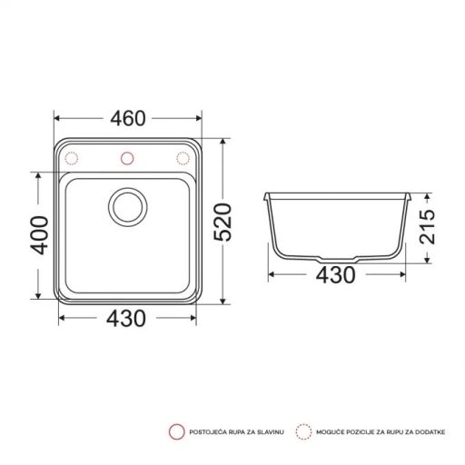 MILÓ Milo Piu gránit mosogató, 460x520x215 mm, Lava stone (antracit)