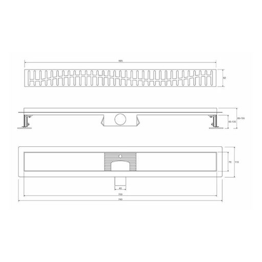 PROFIL M WAVE 700 Zuhanylefolyó, 700 mm, Szálcsiszolt Inox