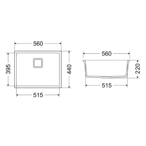 MILO QUBUS 560 x 440 x 220 mm gránit mosogató – Lávafekete (Lava stone) 