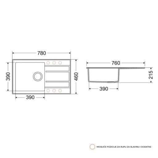 MILO RETTO 780 x 460 x 215 mm gránit mosogató – Gyémántszürke (Diamond Grey)