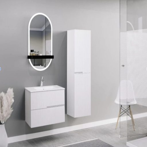 LINEART VISTA Modern ovális LED-es fürdőszobai tükör polccal – 50x90 cm
