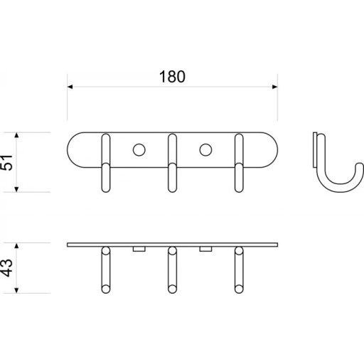 MINOTTI 180 x 51 x 43 mm fali fogas, 3 akasztó, Króm