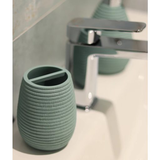 Minotti kötött mintás zsályazöld fogkefetartó pohár, pultra helyezhető